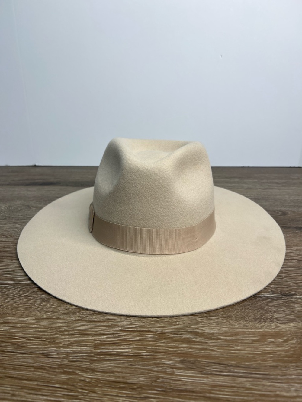 Neutral Beige Wool Felt Fedora Hat Wide Brim Classic Ribbon Band One Size